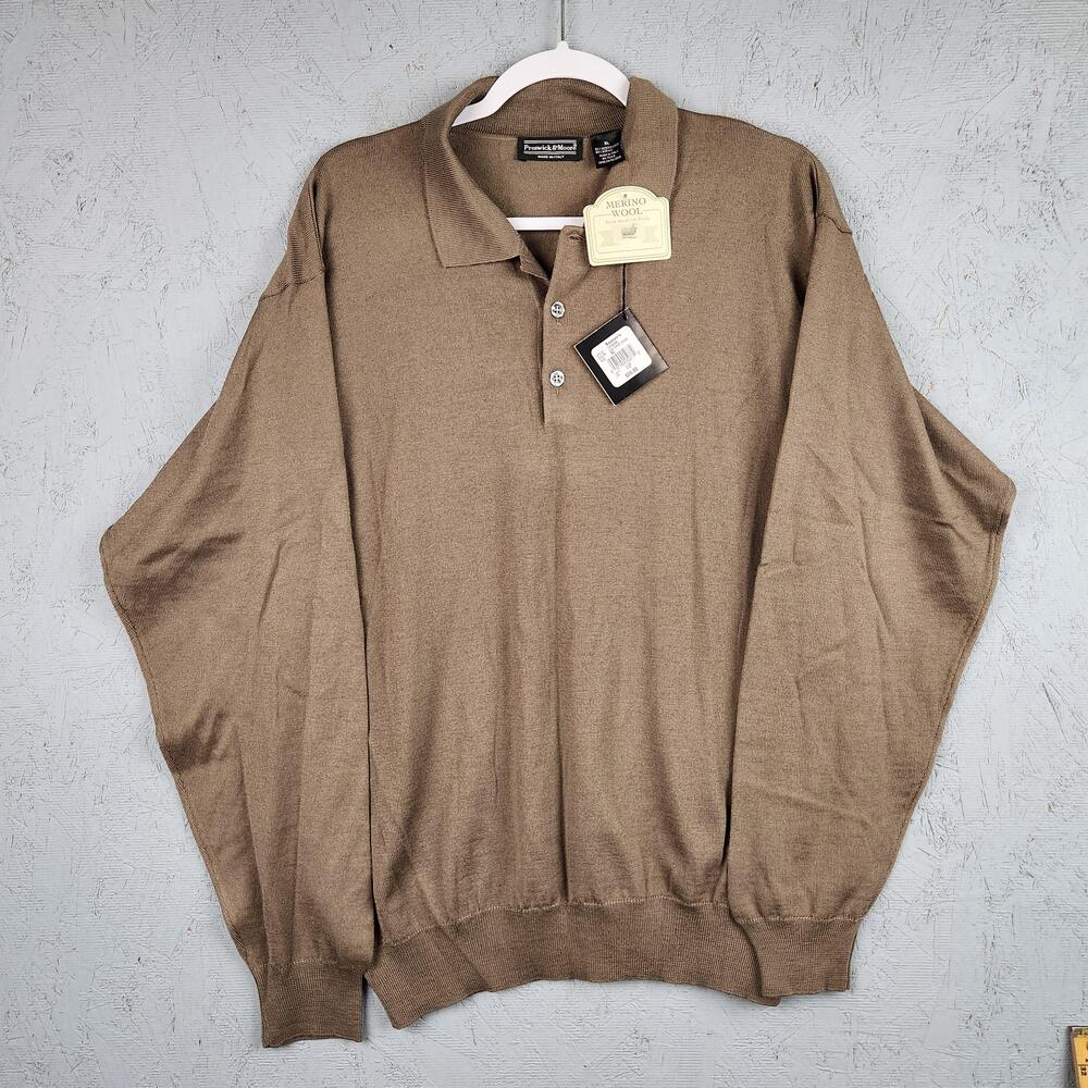 Preswick & Moore Sweater Mens XL Brown Collared Pullover Merino Wool Made Italy